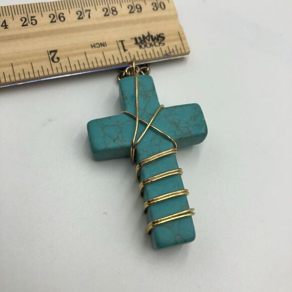 Vintage Turquoise Long Cross Pendant Necklace Handmade Religious Spiritual - Picture 7 of 9